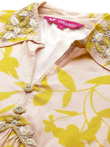 Varanga Women Cream And Yellow Floral Printed Beads Anarkali Kurta With Sharara And Dupatta